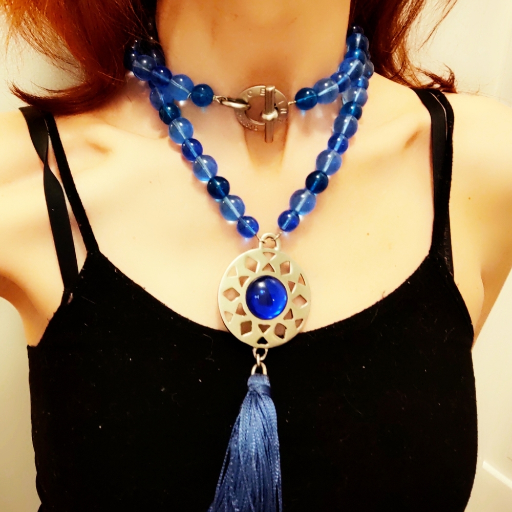 Vintage Celine Paris Oversized Blue Glass Bead & Gripoix Silver Necklace - Picture 2 of 15
